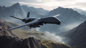 Drone militaire survolant une région montagneuse