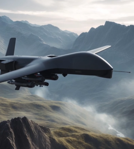 Drone militaire survolant une région montagneuse